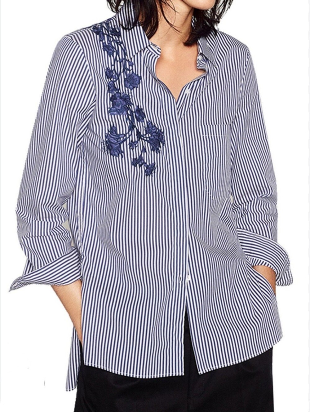 Zac & Rachel Navy and White Striped Button-Down with Navy Floral Embroidery